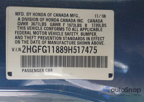 2009 Honda Civic Ex from USA, damaged, VIN 2HGFG11889H517475